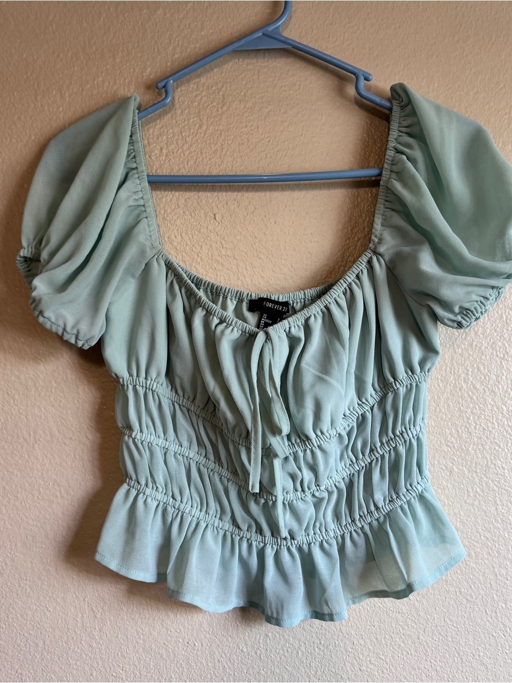 Forever 21 Light Mint Green Smocked Puff Sleeve Peplum Blouse